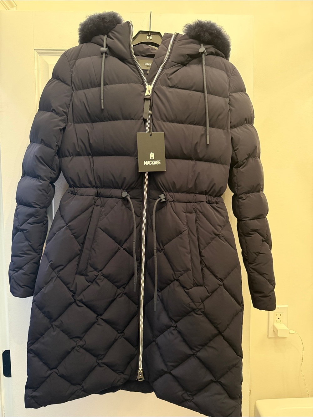 Mackage Xena Women's Quilted Hooded Duck Down Puffer Coat - Navy faux fur collar